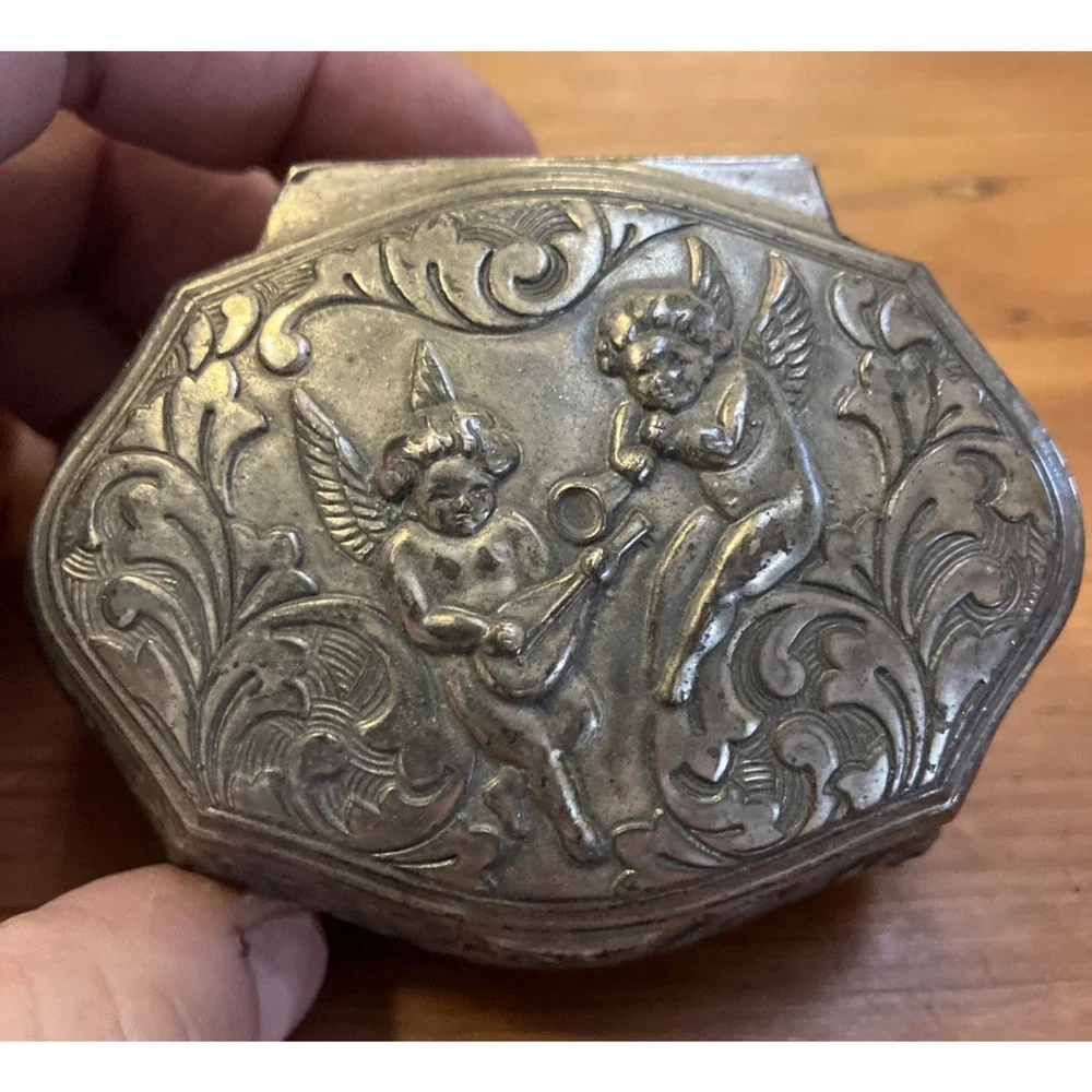 Vtg Ornate Silvertone Finish Musical Cherubs Angels Jewelry Box Rings Trinkets